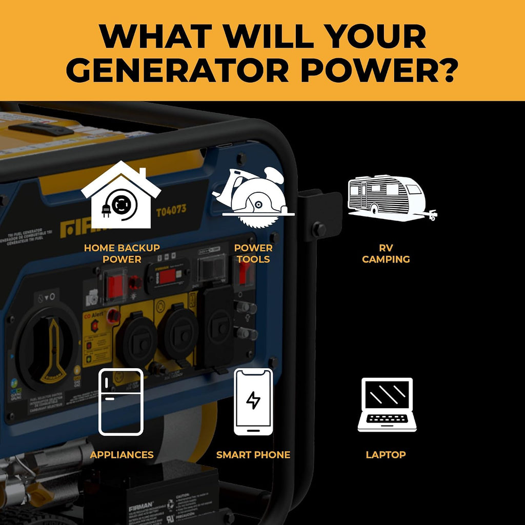 FIRMAN T04073 Tri Fuel Portable Generator, 5000W Gas 4000W Running, 4500W Propane 4000W Natural Gas, Electric Start, 120/240V, CO Alert, Low Oil Shut Off, for Home, RV, Backup, Camping, Outdoor Power