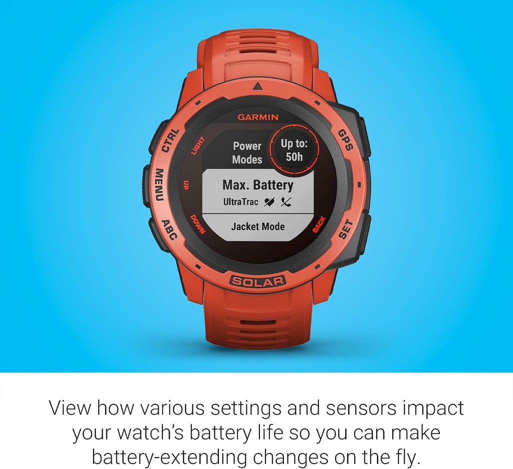Garmin Instinct Solar, Solar-Powered Rugged Outdoor Smartwatch, Built-in Sports Apps and Health Monitoring, Flame Red