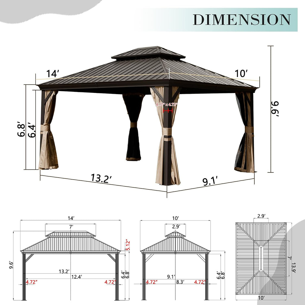 Domi 10x14 Outdoor Gazebo, Hardtop Gazebo with Aluminum Frame, Heavy Duty Pavilion Gazebo for Patio Deck Backyard, Curtain and Netting Included, Dark Brown