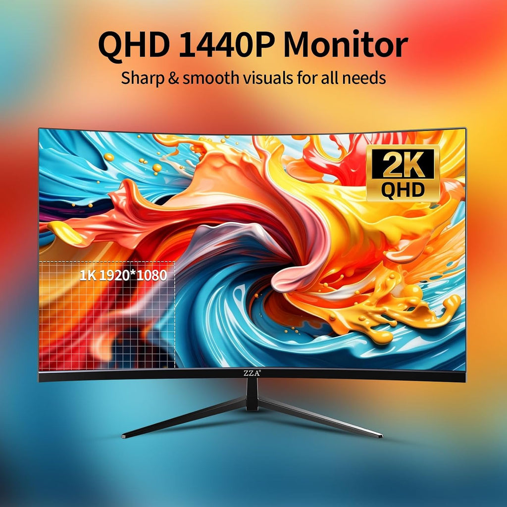 ZZA 27 Inch Curved Gaming Monitor-2K QHD (2560x1440) 75Hz Display,HDMI/DP USB Connectivity,Tilt Adjustable,Wall Mountable,Perfect for PC Gaming Office