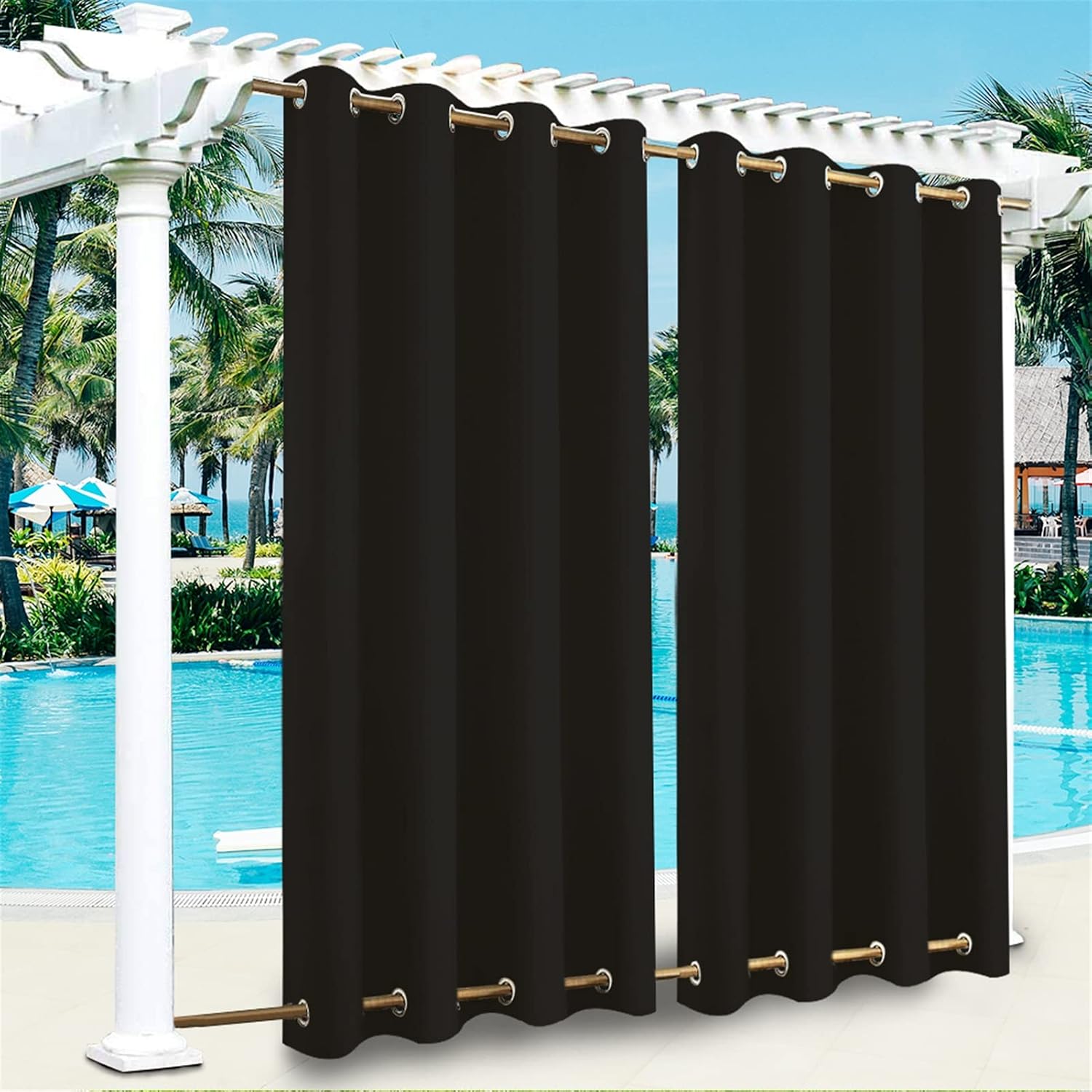 SK Studio Outdoor Curtains for Patio Waterproof Sunlight Block Rustproof Grommet Top and Bottom Windbreak Privacy Curtain for Gazebo, Front Porch, Pergola, 2 Panels, Black, 100' W x 96' L
