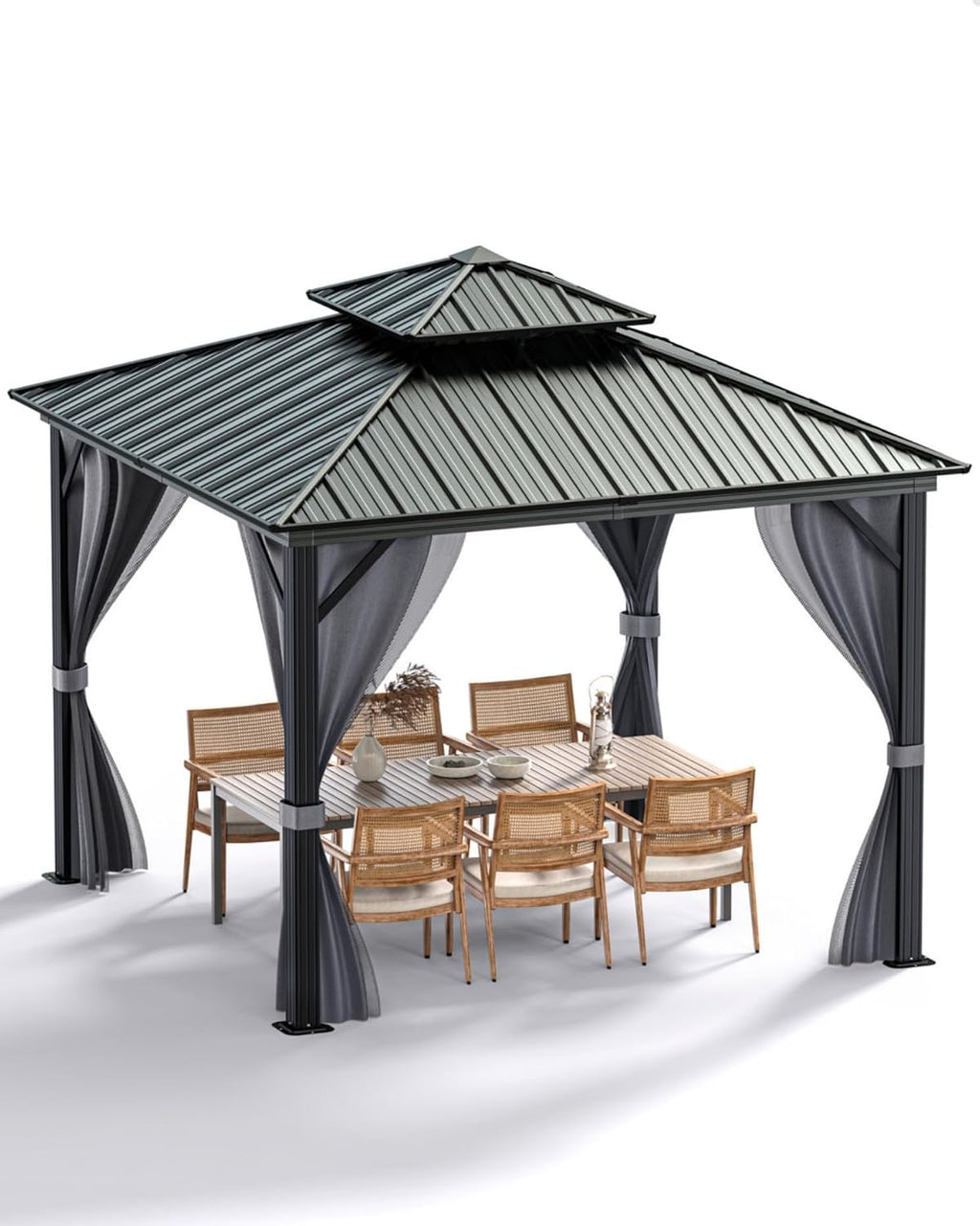 GarveeLife Hardtop Gazebo 12 ft x12 ft for All Weather, with Double Metal Roof, Aluminum Alloy Frame, Net, and Curtain, Permanent Building for Patio, Deck, Backyard, Lawn, and Garden