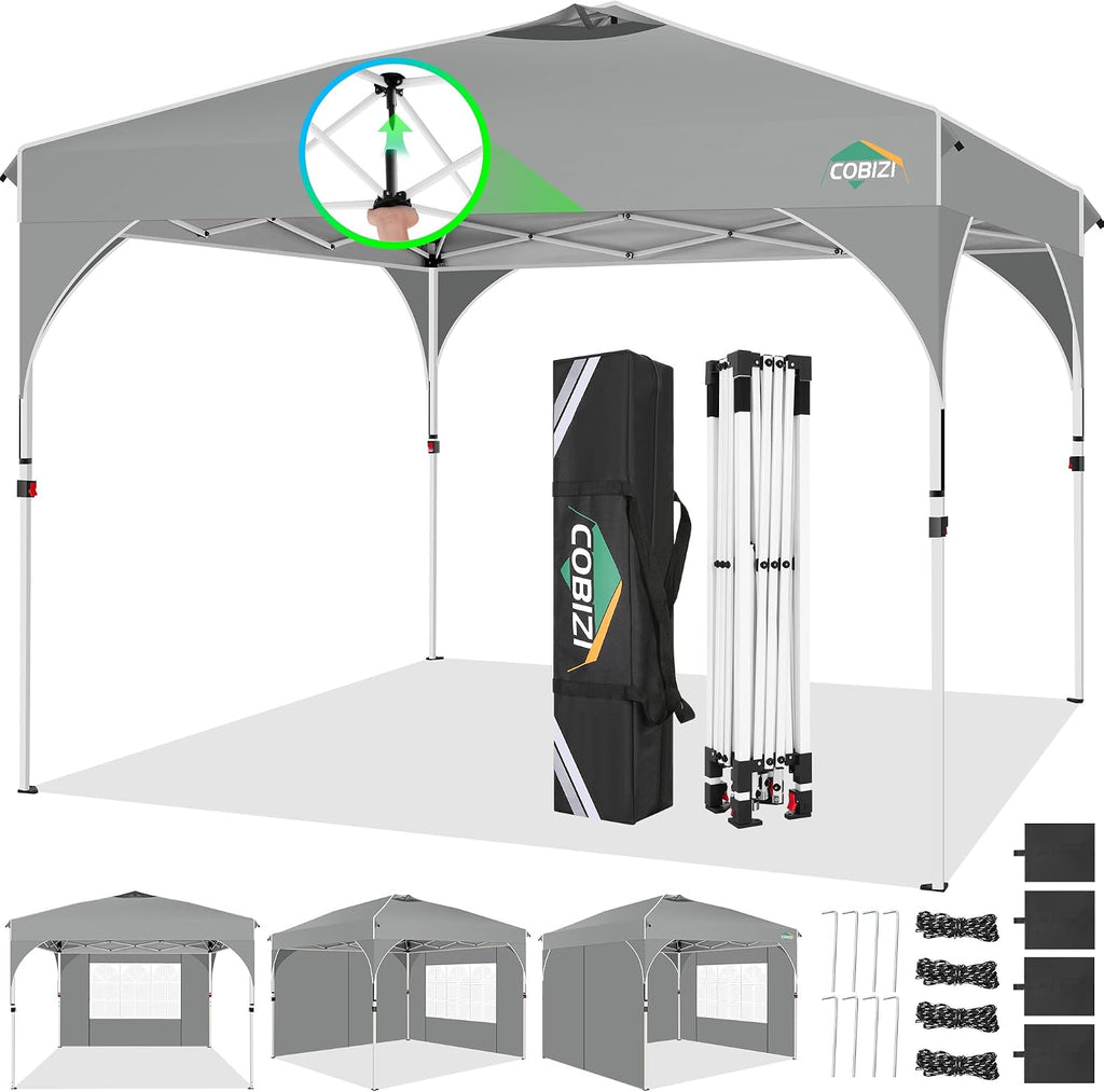 COBIZI Canopy Tent 10x10, Easy Up 10x10 Pop Up Canopy for Party Camping, Party Tents with One Push Central Button Air Vent, Outdoor Gazebo Tent with Sidewalls and Reflective Strip(Grey)