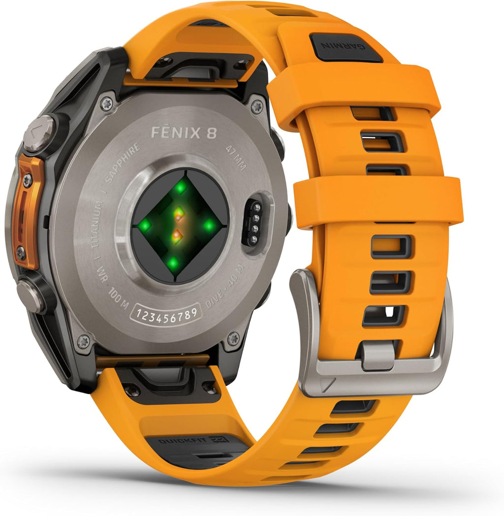 Garmin Fenix 8 – 47 mm, AMOLED Sapphire Multisport GPS Smartwatch, Titanium with Spark Orange/Graphite Silicone Band, Built-in LED Flashlight with Black Earbuds Bundle