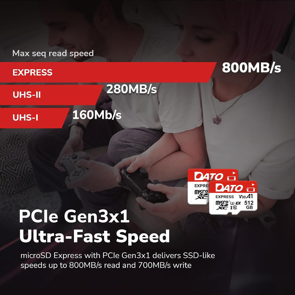 DATO Express 512GB microSDXCEX Memory Card PCIe Gen3x1 NVMe UHS-I C10 U3 V30 A1 4K8K UHD Up to 800/700 MB/s Compatible with Gen Gaming Consoles Switch 2 Action Cameras Drones 360° Cameras