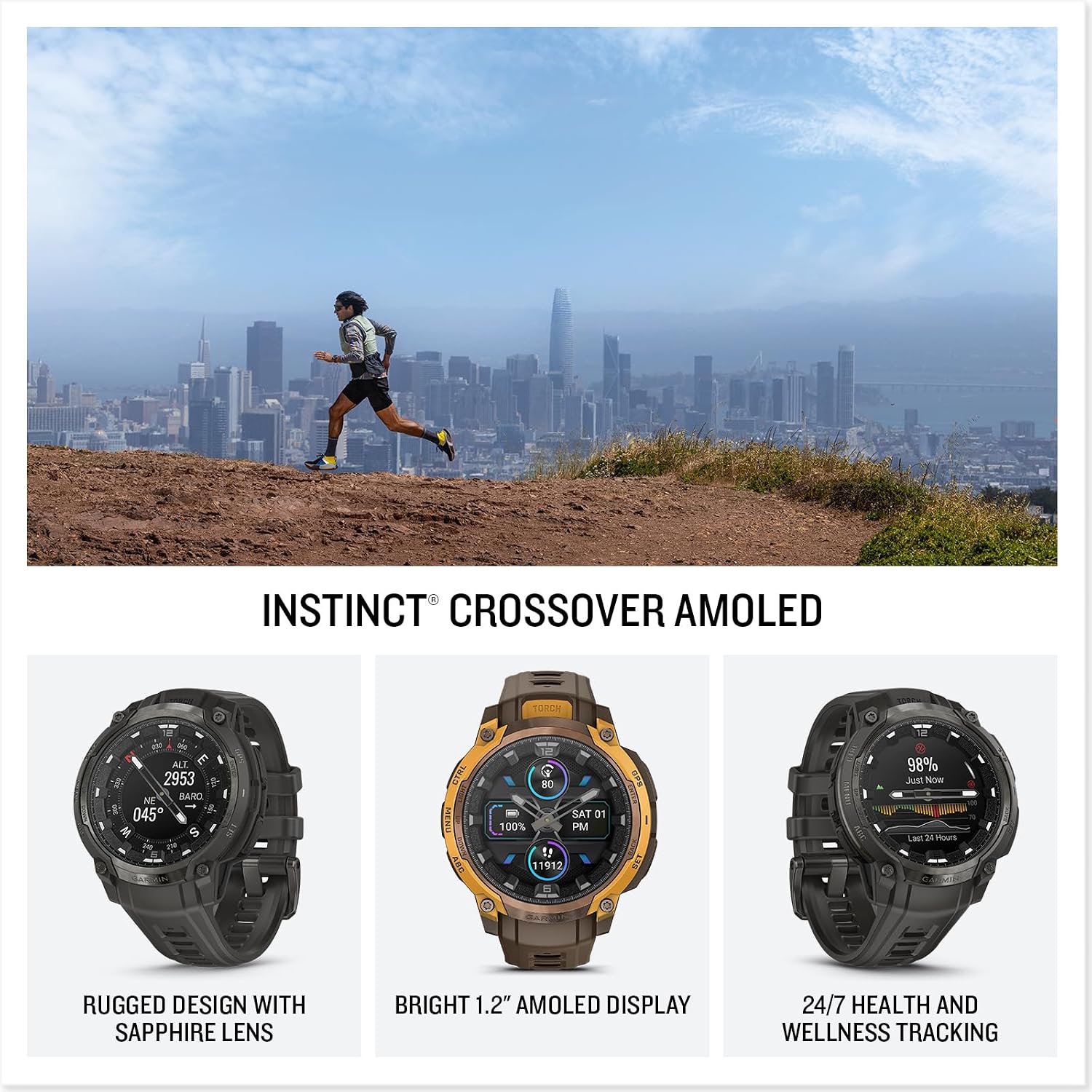 Garmin Instinct Crossover AMOLED, Rugged Hybrid GPS Smartwatch, Analog Watch Hands and Bright Display, Flashlight, Health Tracking | Charcoal, Signature Series Mission-Ready Power Dock