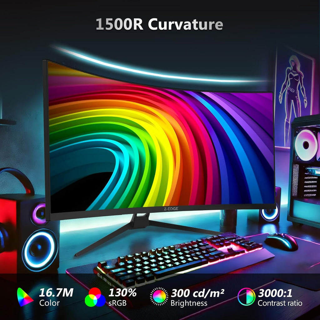 Z-Edge 34' Curved Gaming Monitor, WQHD 1440P 165Hz 144Hz PC Monitor, MPRT 1ms, 21:9 Aspect Ratio, 1500R, 16.7M Colors, 3000:1 Contrast, UG34 Frameless Bezel, 2X DP 1.4 Ports and 2X HDMI 2.0 Port