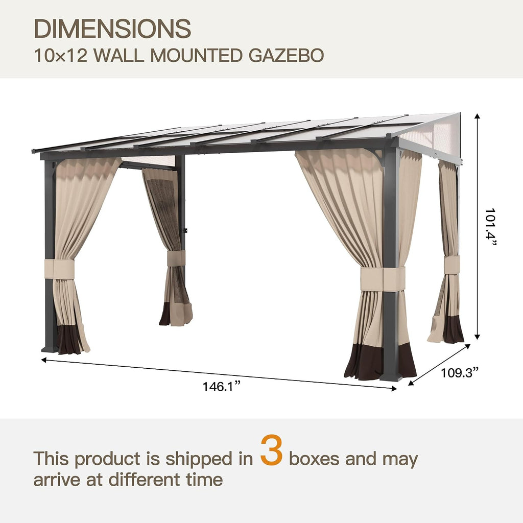 10' x 12' Gazebo for Patio,Wall Mounted Gazebo with Sloping Polycarbonate Roof,Aluminum Frame Outdoor pelgole w/Netting & Curtain for Garden,Deck,Backyard,Khaki