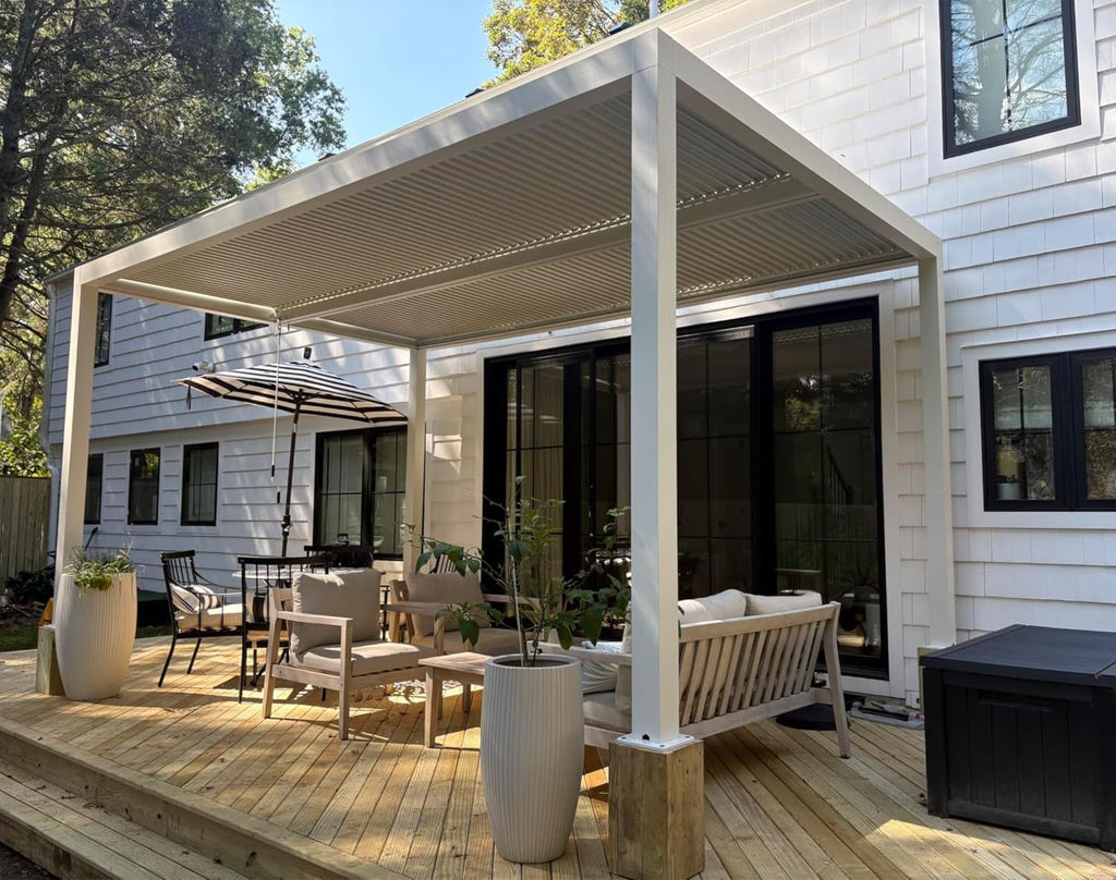 PURPLE LEAF Outdoor Louvered Pergola 10' x 12' White Aluminum Pergola Modern Shade Gazebo with 2 Independently Adjustable Rainproof Hardtop for Patio Garden Yard