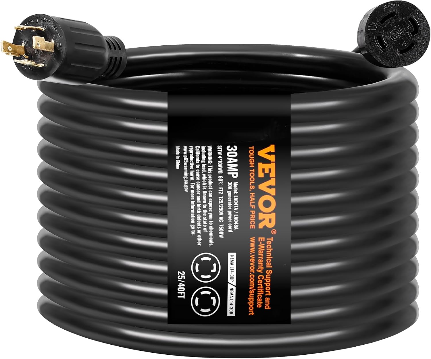 VEVOR 30 Amp Generator Cord and Power Inlet Box Kit, 40 FT Generator Extension Cord NEMA L14-30P/L14-30R STW 10 AWG with Twist Lock Connector, Pre-Drilled Inlet Box, ETL Listed