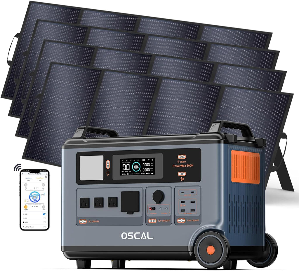OSCAL PowerMax 6000 Solar Generator with 4x400W Solar Panel, 120V/240V Portable Power Station 6000W AC Outlets (9000W Peak), 2200W AC Charging/2400W PV Charging for Home, Emergency