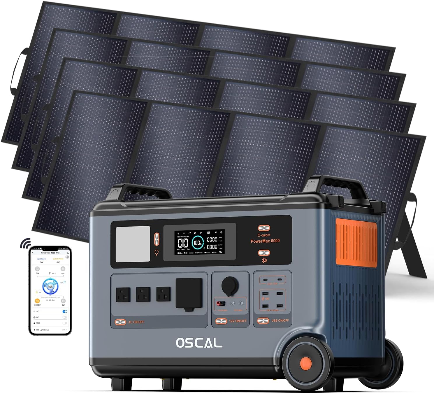 OSCAL PowerMax 6000 Solar Generator with 4x400W Solar Panel, 120V/240V Portable Power Station 6000W AC Outlets (9000W Peak), 2200W AC Charging/2400W PV Charging for Home, Emergency