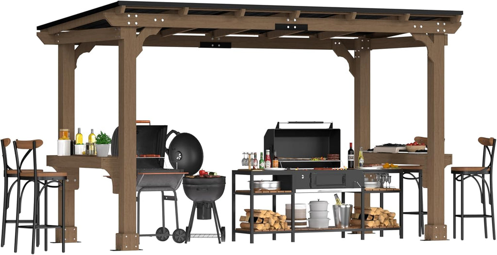 BlueWish 6' x13' Outdoor Grill Gazebo, Wood Grill Gazebo with Metal Sloping Roof, Heavy Duty Cedar Wood Frame, Wind-Resistant Patio Gazebo with Shelves for Barbecue, Backyard, Light Mocha Brown