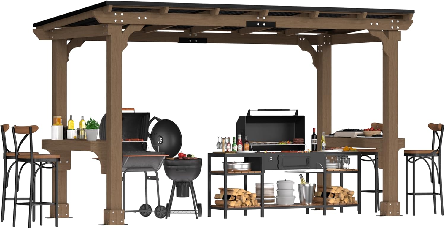 BlueWish 6' x13' Outdoor Grill Gazebo, Wood Grill Gazebo with Metal Sloping Roof, Heavy Duty Cedar Wood Frame, Wind-Resistant Patio Gazebo with Shelves for Barbecue, Backyard, Light Mocha Brown