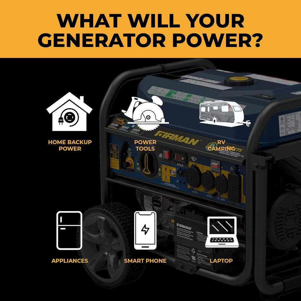 FIRMAN T09275 Tri Fuel Portable Generator, 11400W Electric Start Power Station, 120V 240V Output, Gas, Propane, Natural Gas, CO Alert, Home Backup Power, Emergency and Job Site Generator