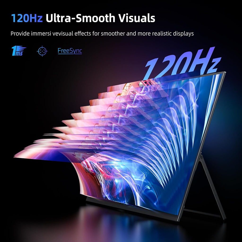 Portable Monitor 18.5' | 120HZ 1ms Gaming Monitor | 125% sRGB | FreeSync, HDR | 350Nits | USB-C & HDMI | VESA & Stand | Large Travel External Second Screen for Laptop, Computer, Game Consoles