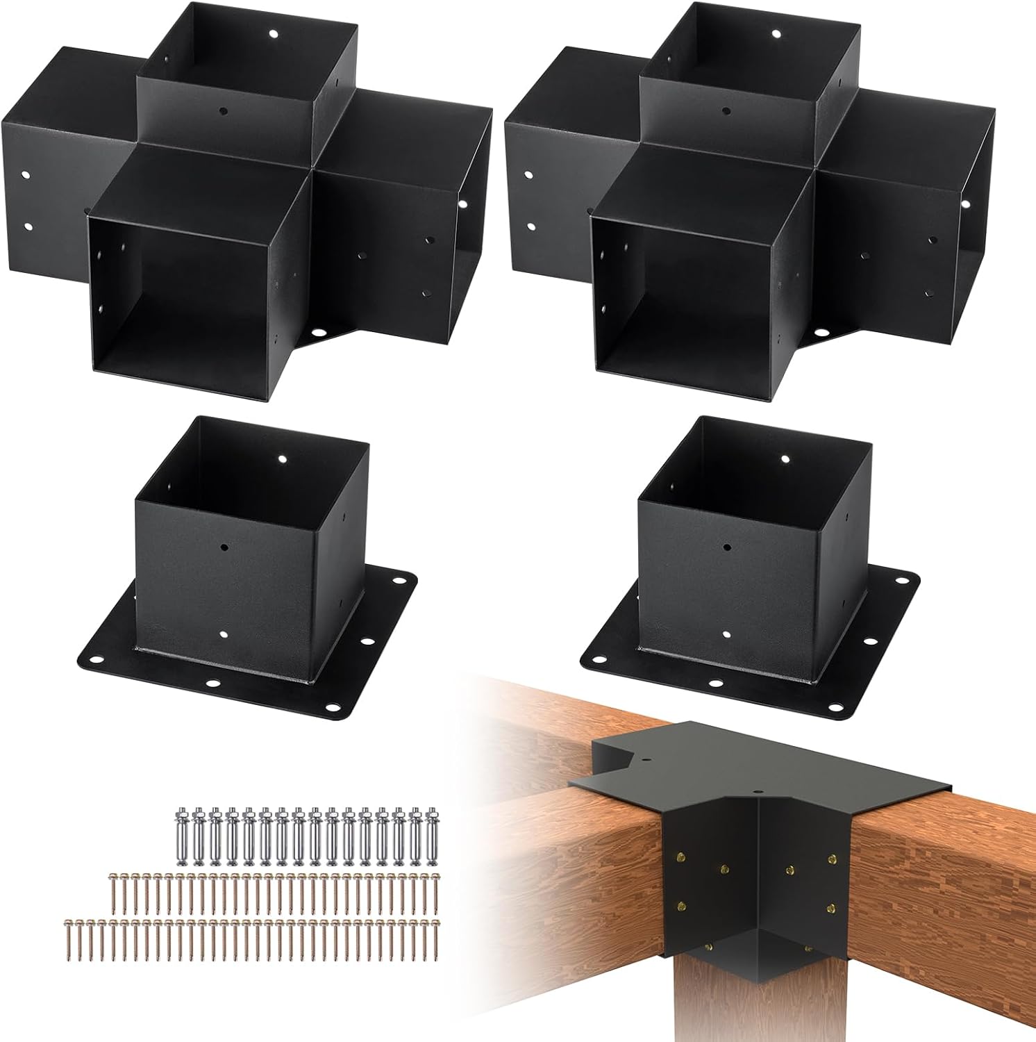 VEVOR Pergola Bracket Kit 6''x6''(Inner Size 5.6x5.6), 4pcs 4-Way Heavy Duty Corner Bracket Woodworks DIY Post Base Kit, Easy Installation Wooden Beams for Gazebos, Patio Pergolas, Log Cabin
