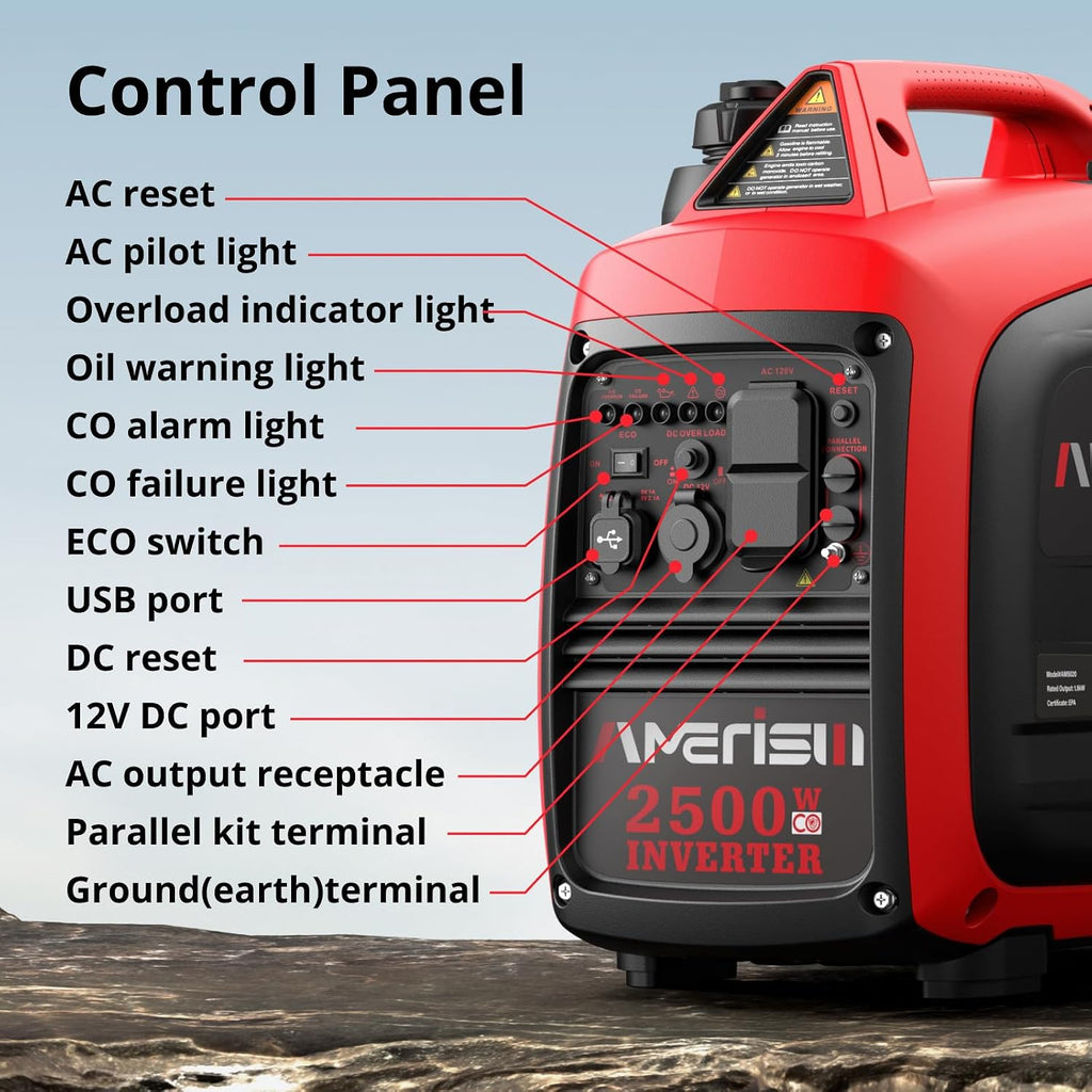 AMERISUN 2500-Watt Inverter Generator, Super Quiet & Lightweight Gas Powered Generator, CO Sensor, RV Ready Parallel Capable, Long Run Time for Camping, Tailgating and Home Use
