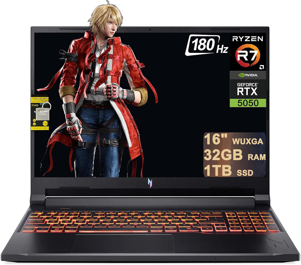 Acer Nitro V 16 AI Gaming Laptop 16' WUXGA IPS 180Hz AMD 8-core Ryzen 7 260 (>i7-13700H) 32GB DDR5 1TB SSD GeForce RTX 5050 (Up to 421 AI Tops) Backlit Wi-Fi6E Win11 ICP Hub