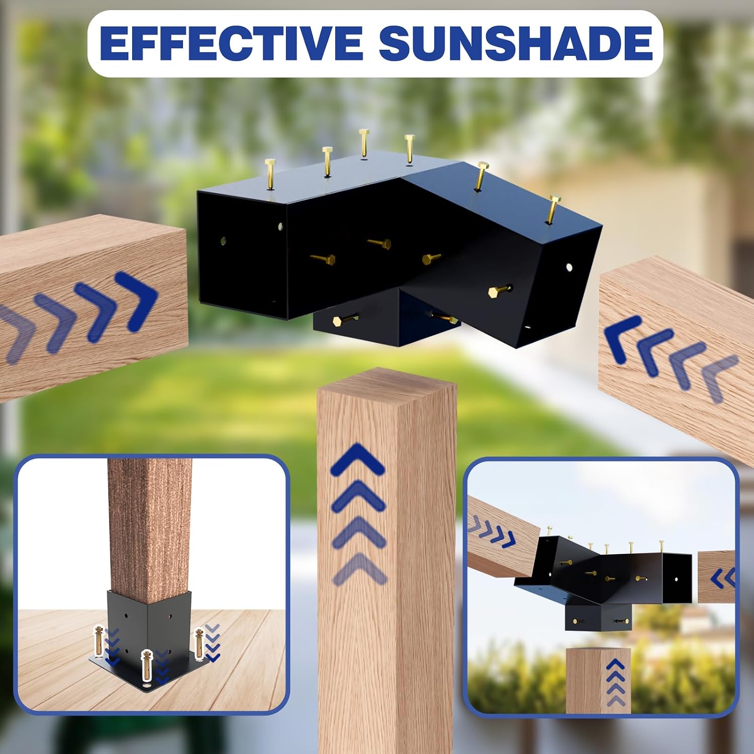 Pergola Kit - 3-Way Slanted Brackets, Powder-Coated, 4' x 4' (Actual: 3.5x3.5 Inch), Hardware for Outdoor Wood Pergolas, Gazebos, Sheds (8 pcs)