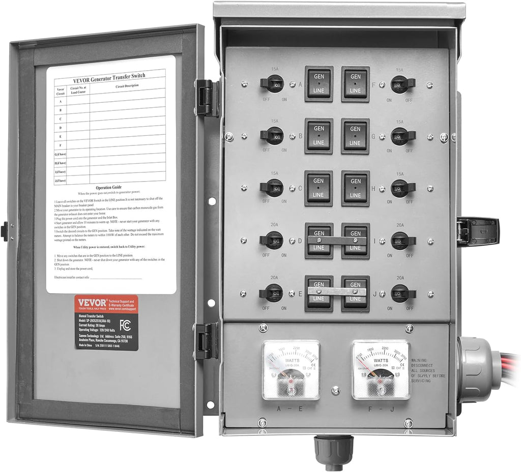 VEVOR Manual Transfer, 30-Amp 10-Circuit, Prewired Generator Transfer Kit with NEMA L14-30P Power Inlet Box, Double-Throw, NEMA 3R, Mechanical Watt Meter, for 7500W Generators