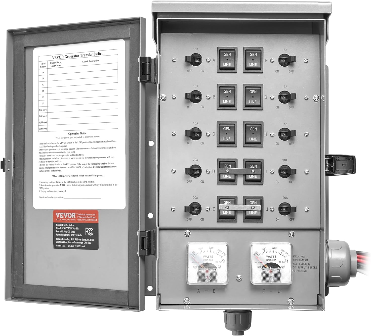VEVOR Manual Transfer, 30-Amp 10-Circuit, Prewired Generator Transfer Kit with NEMA L14-30P Power Inlet Box, Double-Throw, NEMA 3R, Mechanical Watt Meter, for 7500W Generators