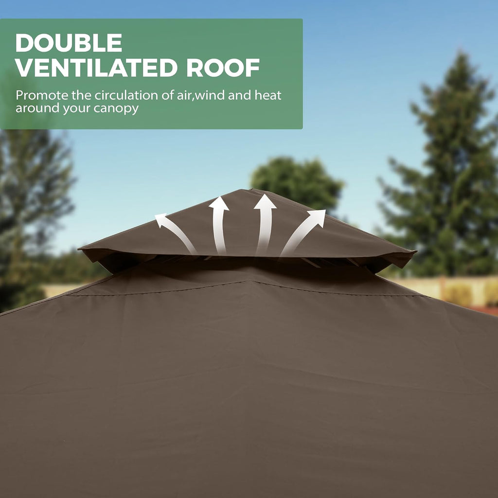 12' X 12' Patio Gazebo with Ventilation Double Roof, Outdoor Gazebo with Removable Mosquito Netting, Easy Up Metal Outdoor Canopy Shelter for Backyard, Garden, Lawn, Brown