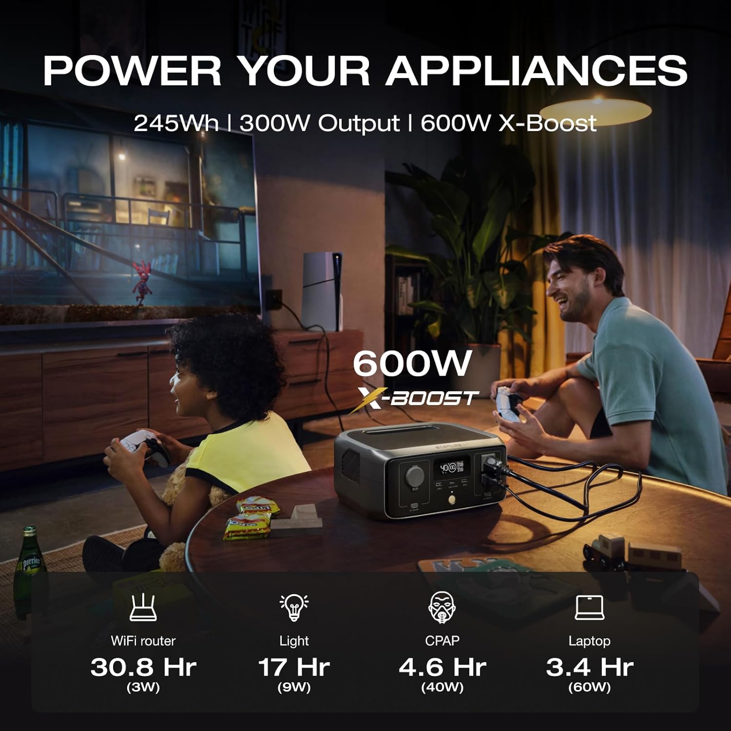 EF ECOFLOW Portable Power Station RIVER 3 with Car Cigarette Lighter to DC Power Adapter, 245Wh LFP Power Station, 2 Up to 600W AC Outlets, <20 MS UPS, 1Hr Fast Charging Solar Generator for Camping