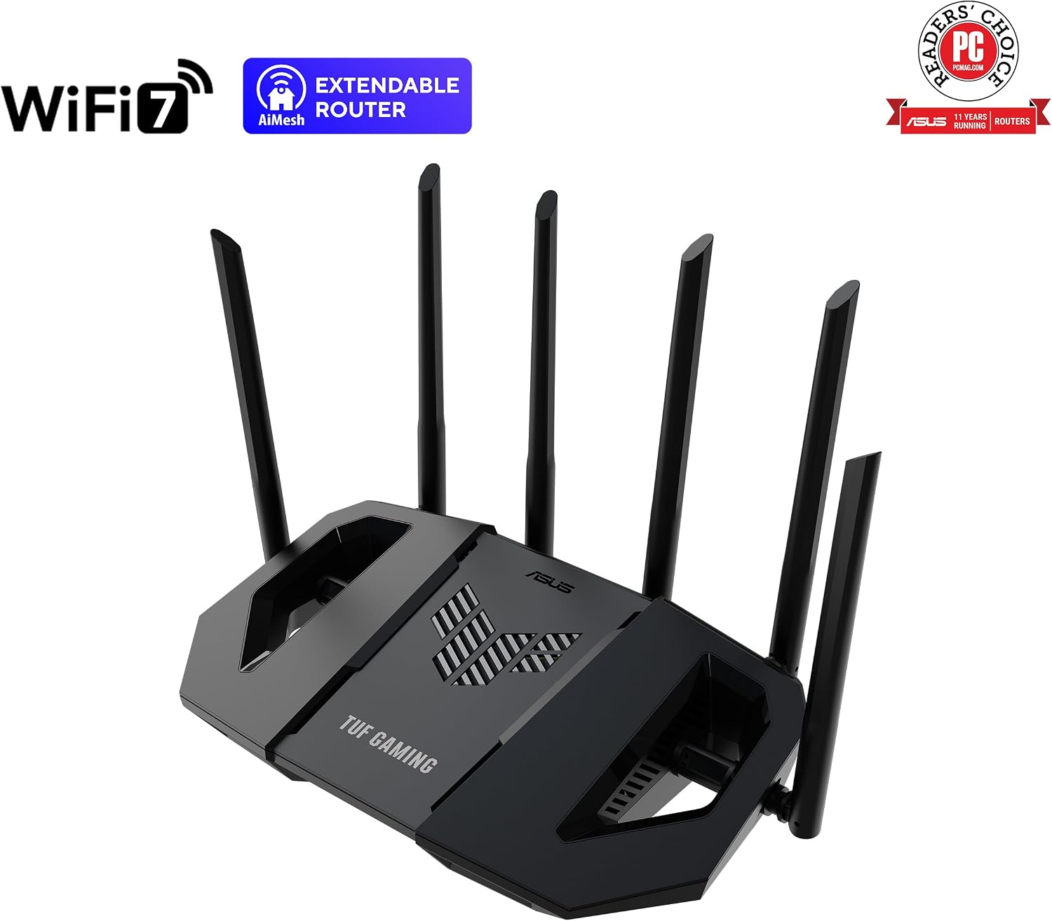 ASUS TUF Gaming BE6500 WiFi 7 Router - Dual-Band, Up to 6.5 Gbps Wireless, Game Accelerator, Multi-Link Operation (MLO), (x4) 2.5GbE Ports, Mesh + VPN Compatible, & Subscription-Free Network Security