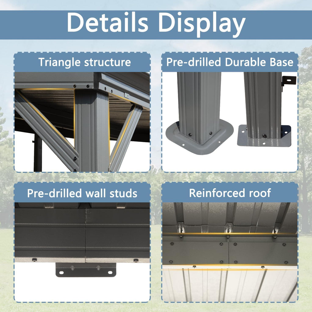 Domi 8'x10' Wall-Mounted Hardtop Gazebo Pergola – Permanent Lean-to Outdoor Shelter with Sloped Galvanized Steel Roof & Upgraded Drainage – Grey Metal Patio Cover for Backyard, Deck, Garden