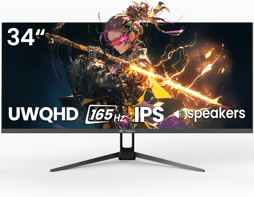 CRUA 34'' Gaming Monitor 165Hz/144Hz, UWQHD 3440x1440P IPS Ultrawide Screen Computer Monitors with Built-in Speakers, Supports FreeSync, 120% sRGB, PIP/PBP, HDMI2.0 & DP1.4, Wall Mount&Tilt Adjustable