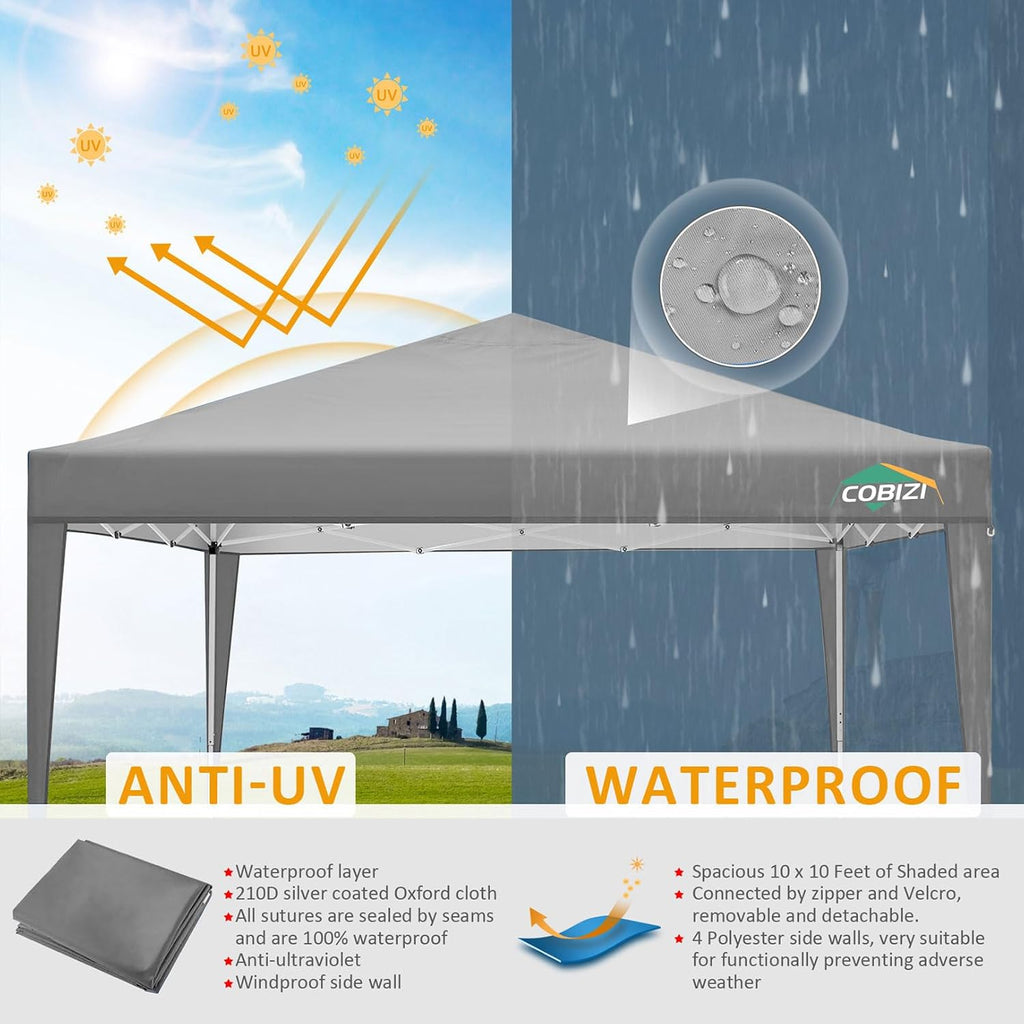 COBIZI 10x10 Pop Up Canopy Tent with 4 Sidewalls Party Tents for Parties Weddings Backyard Waterproof Commercial Instant Outdoor Events Tent with Stakes, Ropes（10 x 10 ft Gray