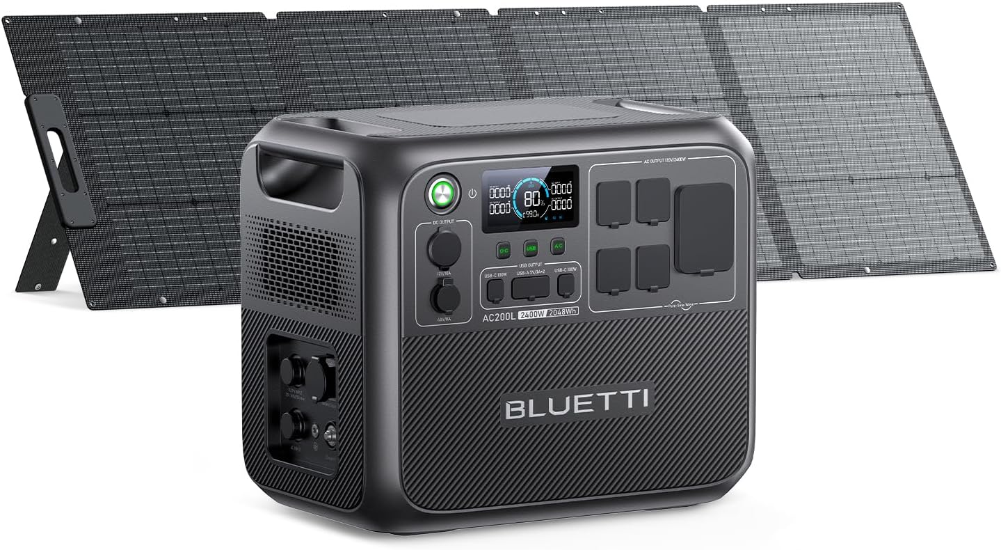 BLUETTI Solar Generator AC200L with 200W Solar Panel (Ships Separately), 2048Wh LiFePO4 Battery Backup w/ 4 2400W AC Outlets (3600W Power Lifting), for Camping, Home Use, Emergency