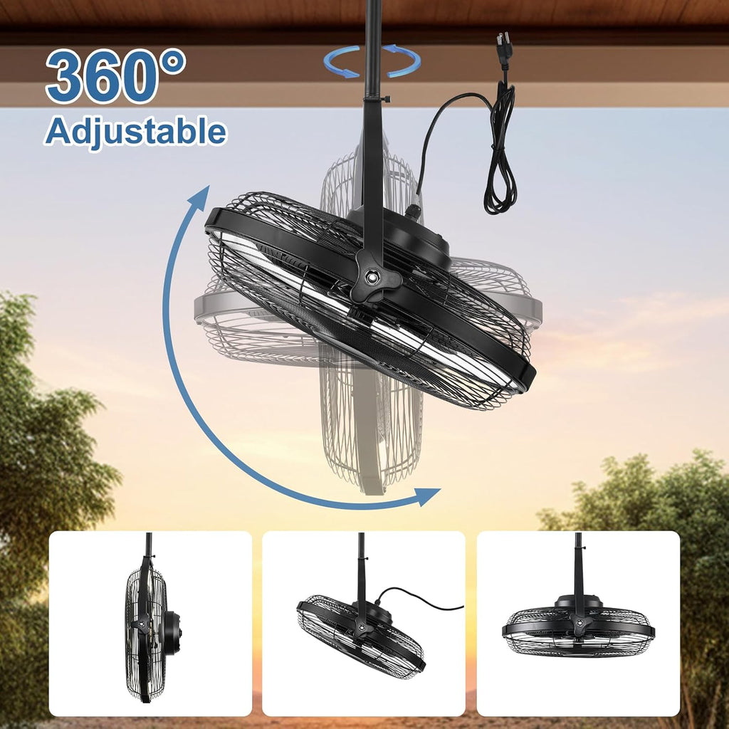 Gazebo Fans Outdoor Hanging Ceiling Fans with Lights,16' Portable Plug in Ceiling Fan,Multi-Angle Adjustable Floor Fans,Black Outdoor Ceiling Fans for Patios.