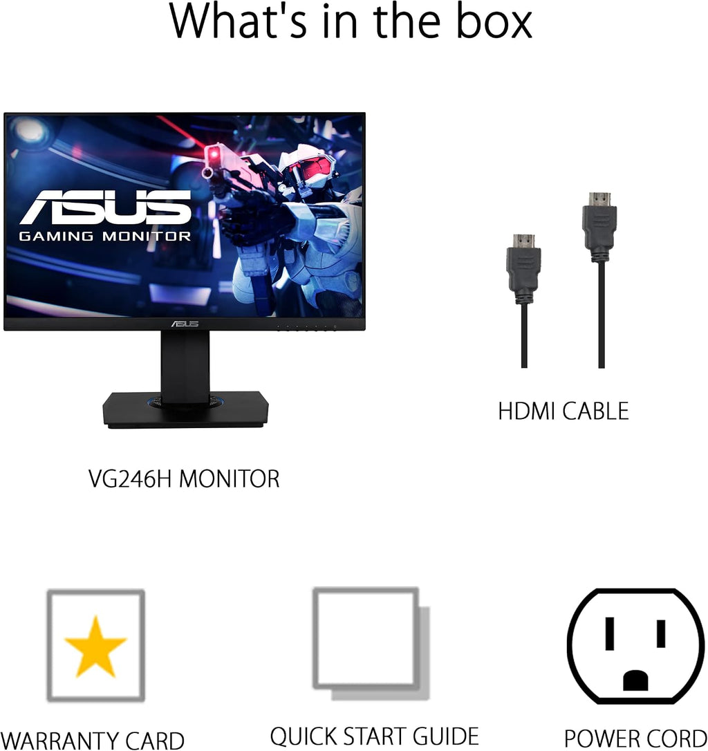 ASUS (VG246H 23.8' 1080P Gaming Monitor - Full HD, IPS, 75Hz, 1ms, FreeSync, Extreme Low Motion Blur, Low Blue Light, Flicker Free, VESA Mountable, HDMI, VGA, Height Adjustable, 12.8'x21.3'x2',Black
