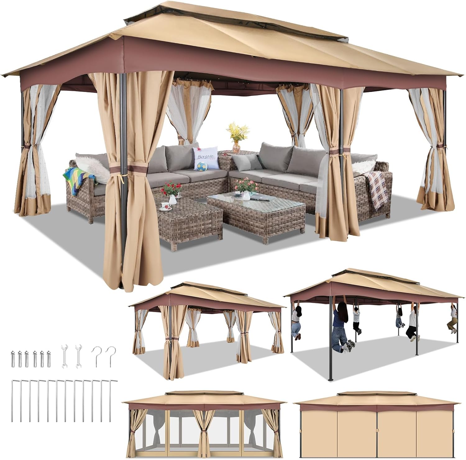 HOTEEL Gazebo 12x20, Outdoor Gazebo on Clearance with Double Ventilated Arc Roof, Privacy Curtains & Mosquito Netting, Easy Set up Canopy Tent with Stable Metal Frame for Patio, Khaki (Upgraded 3.0)