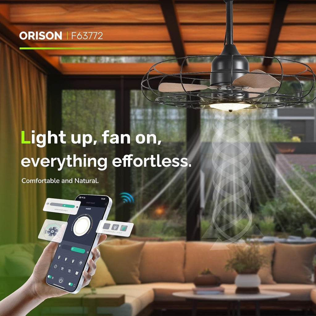 Orison Outdoor Ceiling Fans with Light, 28'' Wet Rated Outdoor Hanging Fan for Gazebo, Plug in Caged Lighting for Pergola Canopy, Hanging with Hook, 3 Color LED Light, Waterproof (28IN)
