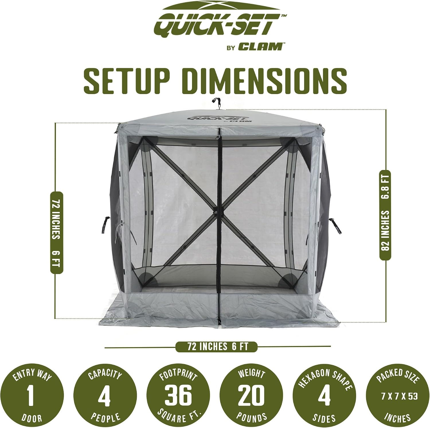 CLAM Quick-Set Pop Up Screen Tent, Traveler, 6 x 6 ft, Instant Setup Gray Portable Outdoor Shelter, Compact Bug-Free Canopy Tent for Camping, Fishing, Backyard - Gray