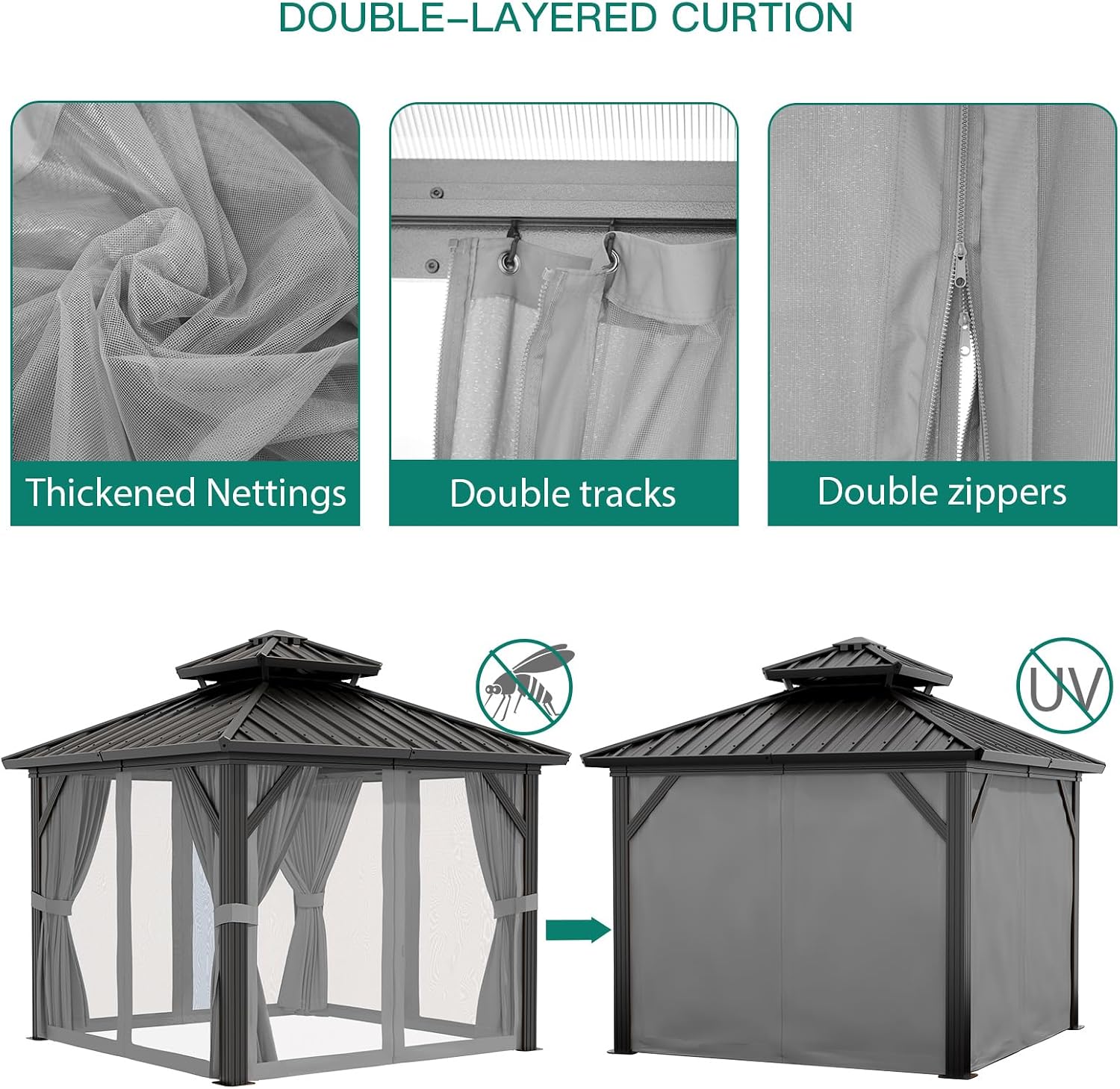 GarveeLife 10x10 ft Double Roof Hardtop Gazebo, Heavy Duty Galvanised Steel Hardtop Pavilion with Nettings and Curtains, Aluminum Gazebo for Patio, Terrace, Lawn and Deck, Grey