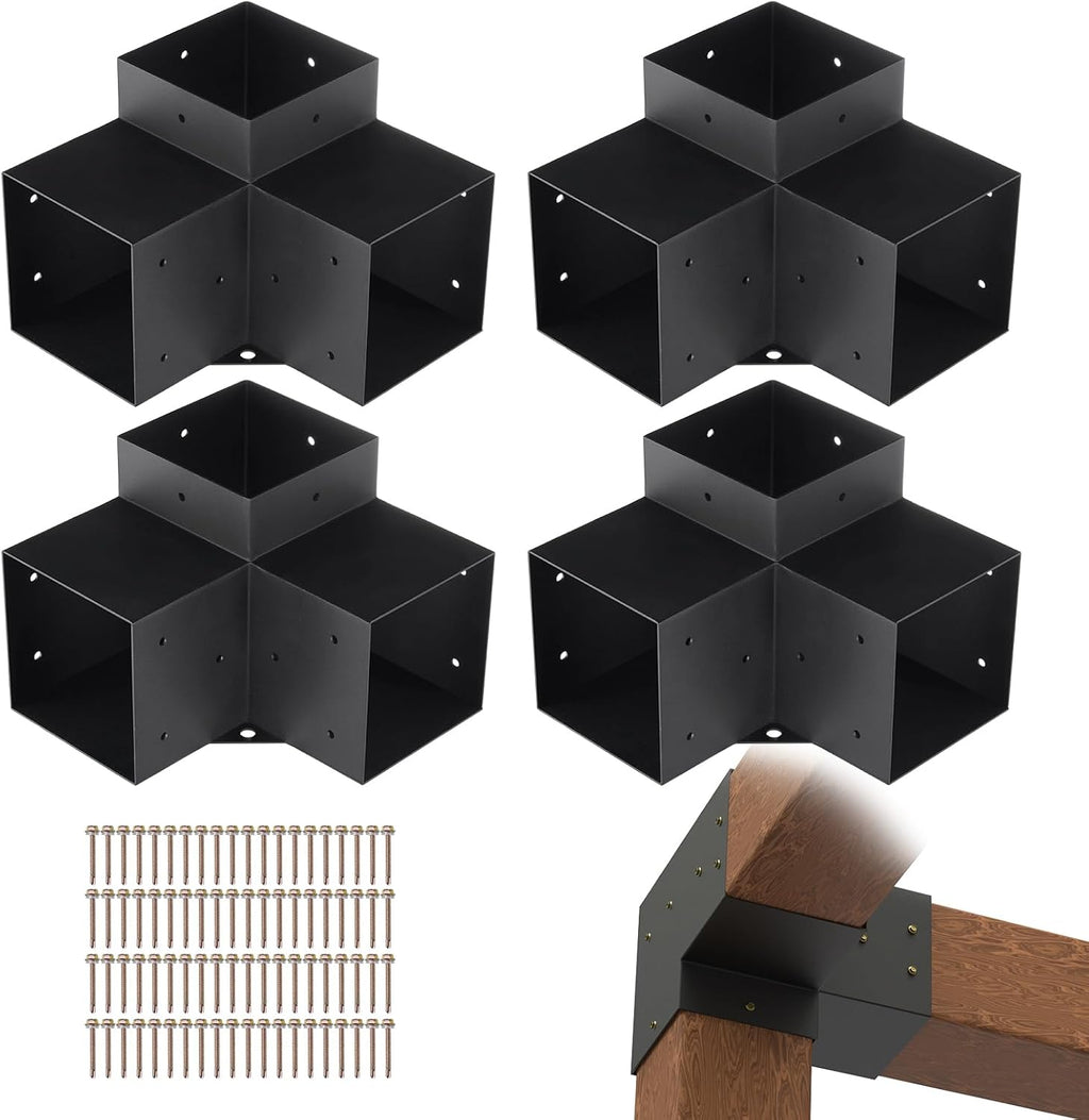 VEVOR Pergola Bracket Kit 6''x6''(Inner Size 5.6x5.6), 4pcs 3-Way Heavy Duty Corner Bracket Woodworks DIY Post Base Kit, Easy Installation Wooden Beams for Gazebos, Patio Pergolas, Log Cabin Outdoor