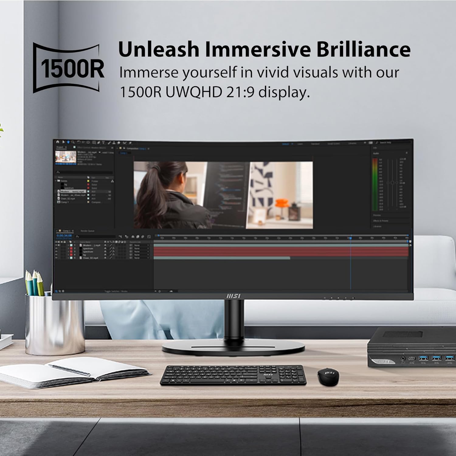 msi Modern MD342CQP 34 in VA 3440 x 1440(UWQHD) Computer Monitor, 120Hz, 1800 Curved, Adaptive-Sync, HDMI, DP, USBC 98W Power Delivery, KVM, Height Adjustable, VESA, Speaker, 1ms, Black