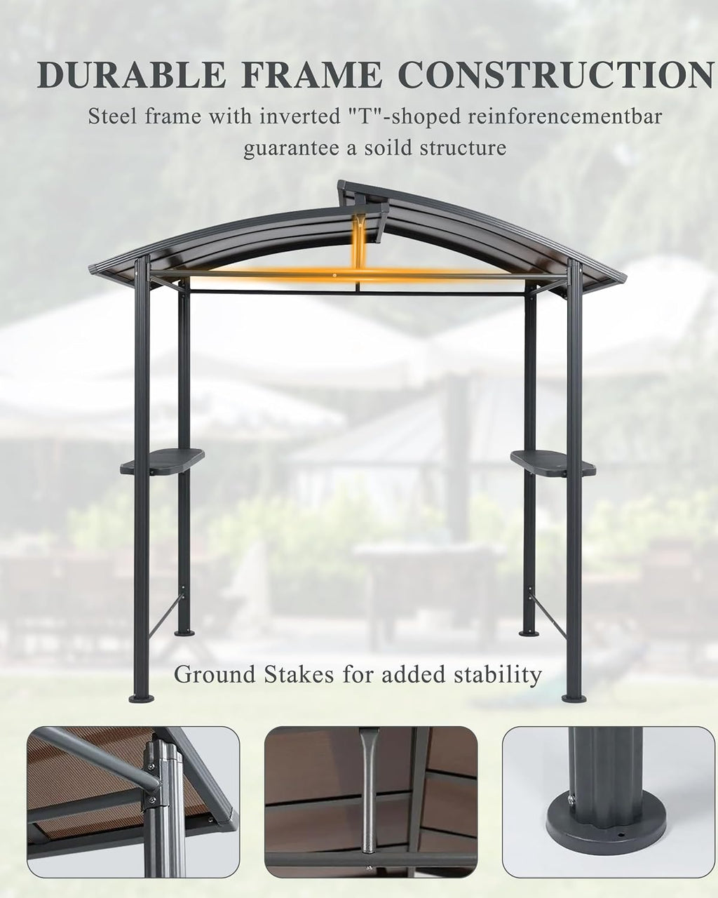 BPS 8x5 FT BBQ Grill Gazebo with Double-Tier Polycarbonate Roof, Steel Frame & Side Shelves, for Outdoor, Patio, Backyard