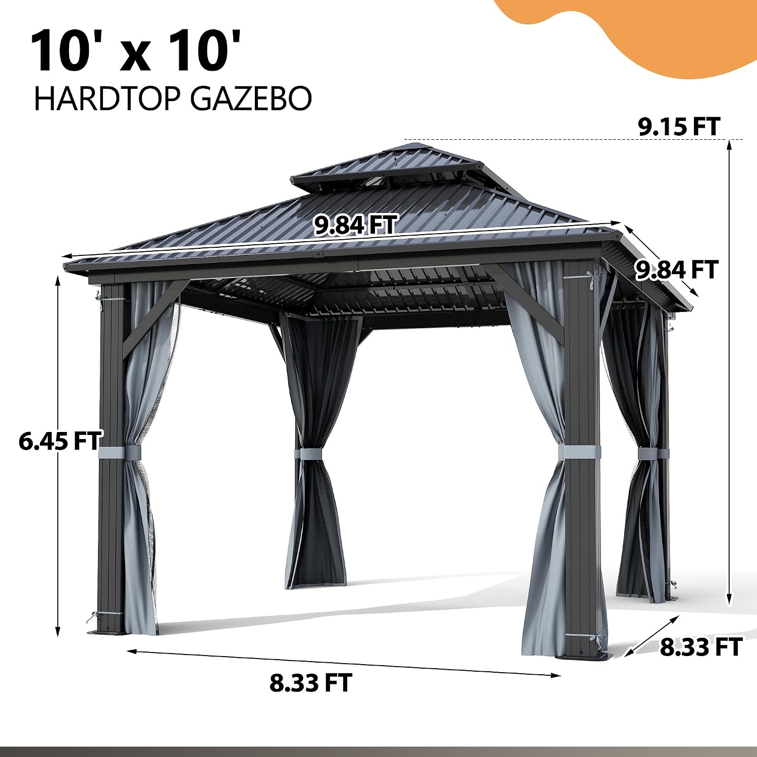 10'x10' Hardtop Gazebo, Outdoor Double Roof Galvanized Steel Gazebos, Aluminum Frame Permanent Pavilion with Curtains & Netting for Backyard, Patio, Deck