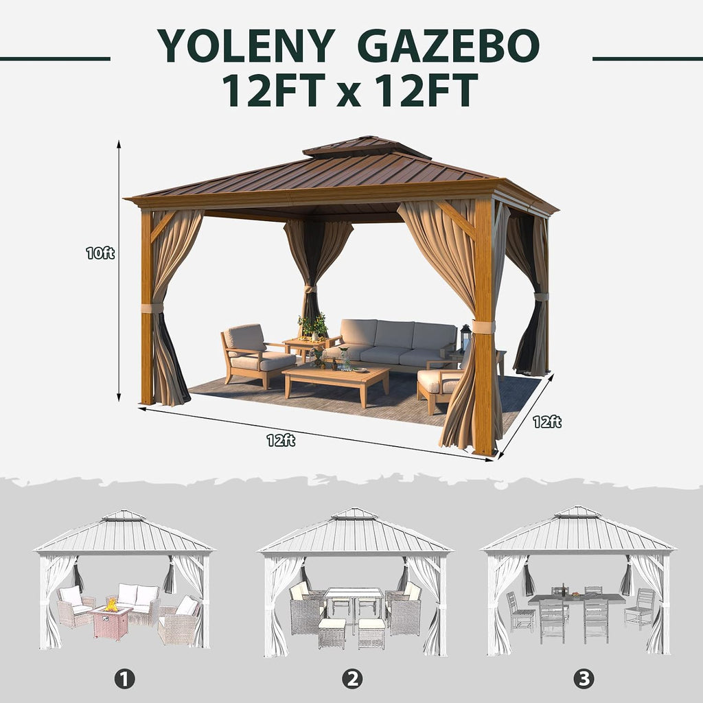 YOLENY 12'x12' Hardtop Gazebo, Wooden Finish Coated Aluminum Frame Canopy with Galvanized Steel Roof, Outdoor Metal Gazebos with Curtains and Nettings for Patio, Backyard, Deck and Lawns
