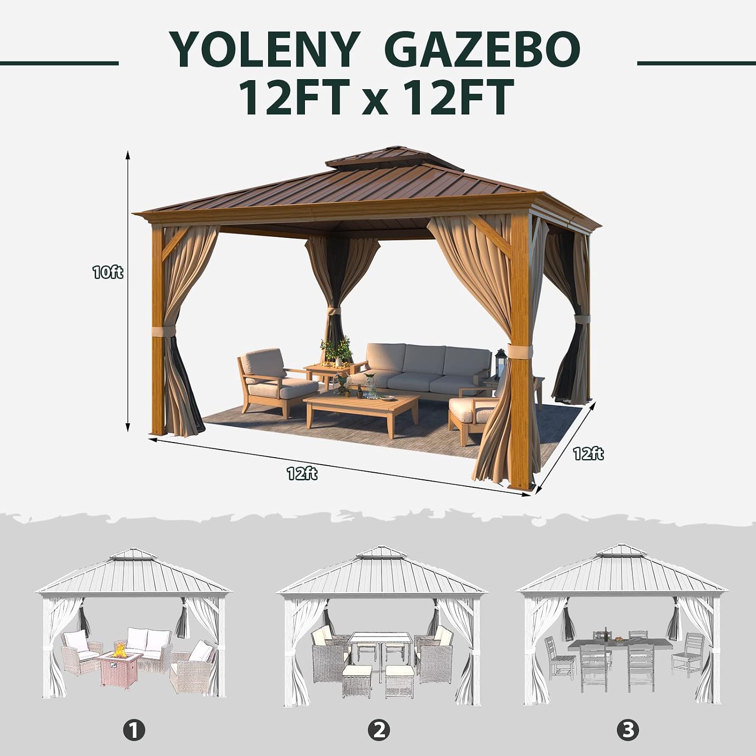 YOLENY 12'x12' Hardtop Gazebo, Wooden Finish Coated Aluminum Frame Canopy with Galvanized Steel Roof, Outdoor Metal Gazebos with Curtains and Nettings for Patio, Backyard, Deck and Lawns