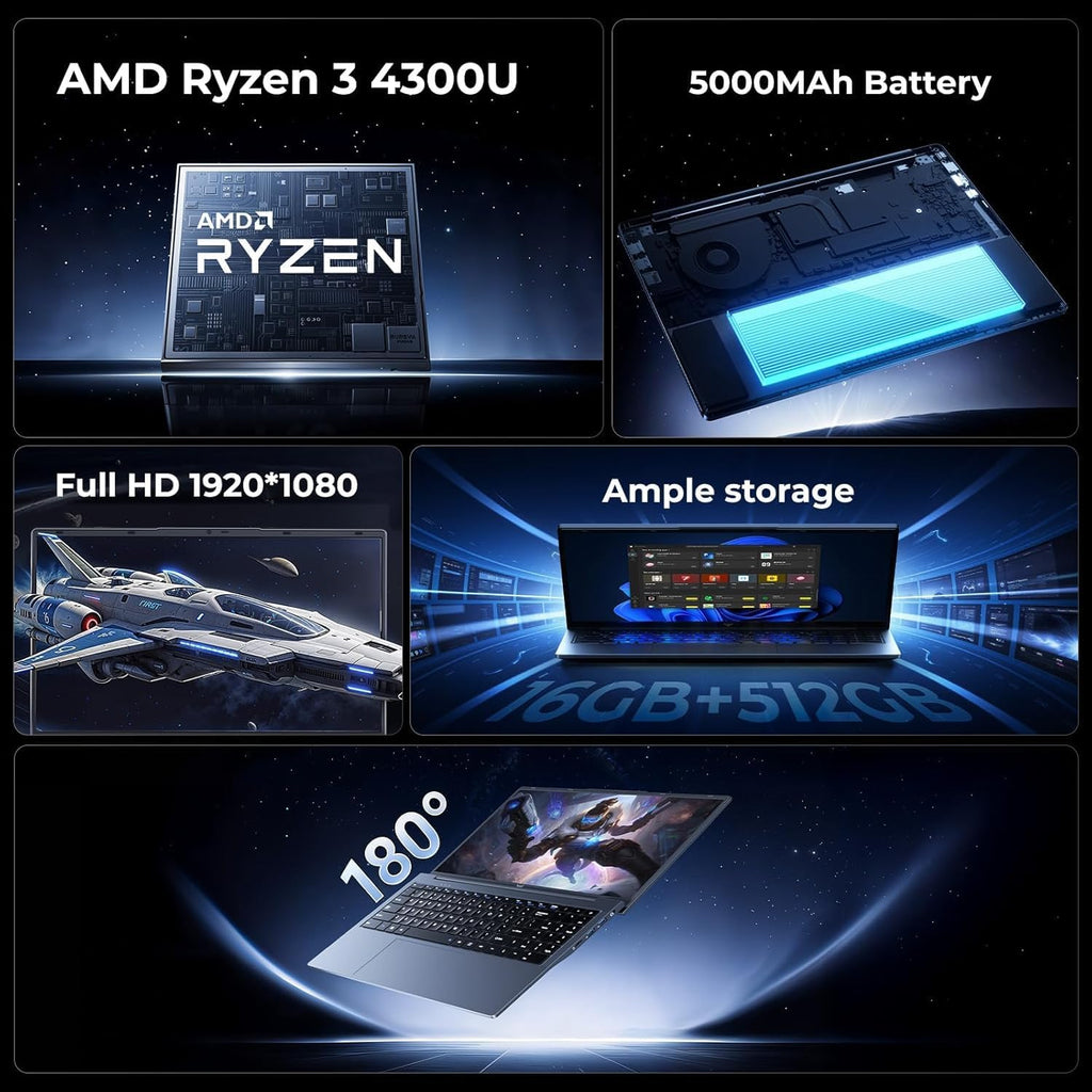 Gaming Laptop with AMD Ryzen 4300U Processor, 15.6' FHD Screen Laptop Computer with Radeon Graphics, 16GB RAM 512GB ROM Laptops Work Student Windows 11 Laptop, Wi-Fi, Type-C, HDMI, Webcam Cover Slide