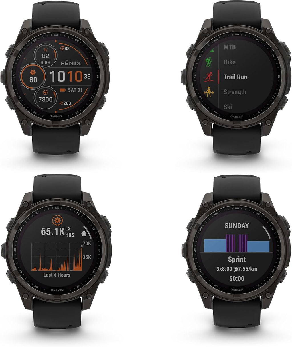 Garmin Fenix 8 47MM Solar Sapphire GPS Multisport Smartwatch Carbon Gray DLC Titanium with Black Gray Silicone Band, Built-in LED Flashlight Bundle with Accessories