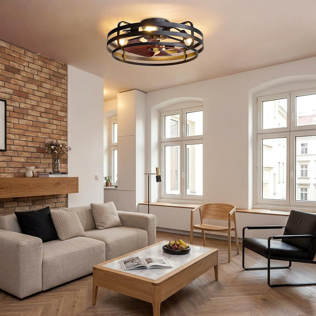 24 Inch Farmhouse Flush Mount Ceiling Fan with Lights and Remote, Industrial Black Caged with 6 Wind Speeds, Dimmable, Reversible, Rustic Ceiling Fan Lights for Bedroom, Kitchen, Living Room