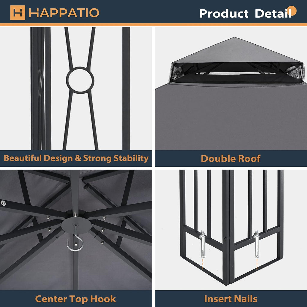 HAPPATIO 10' X 12' Outdoor Patio Gazebo, Canopy Gazebo for Garden,Yard,Patio with Ventilation Double Roof with Mosquito Netting,Gray