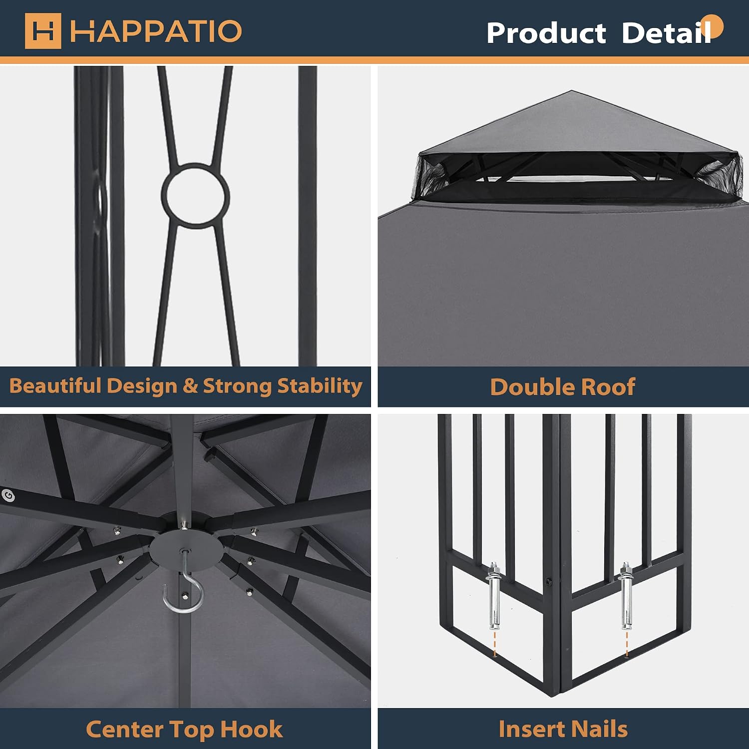 HAPPATIO 10' X 12' Outdoor Patio Gazebo, Canopy Gazebo for Garden,Yard,Patio with Ventilation Double Roof with Mosquito Netting,Gray
